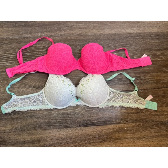 Victoria's Secret Pink Bra 36C Push Up Lace Floral Embellished Lot of 2 - Picture 1 of 7